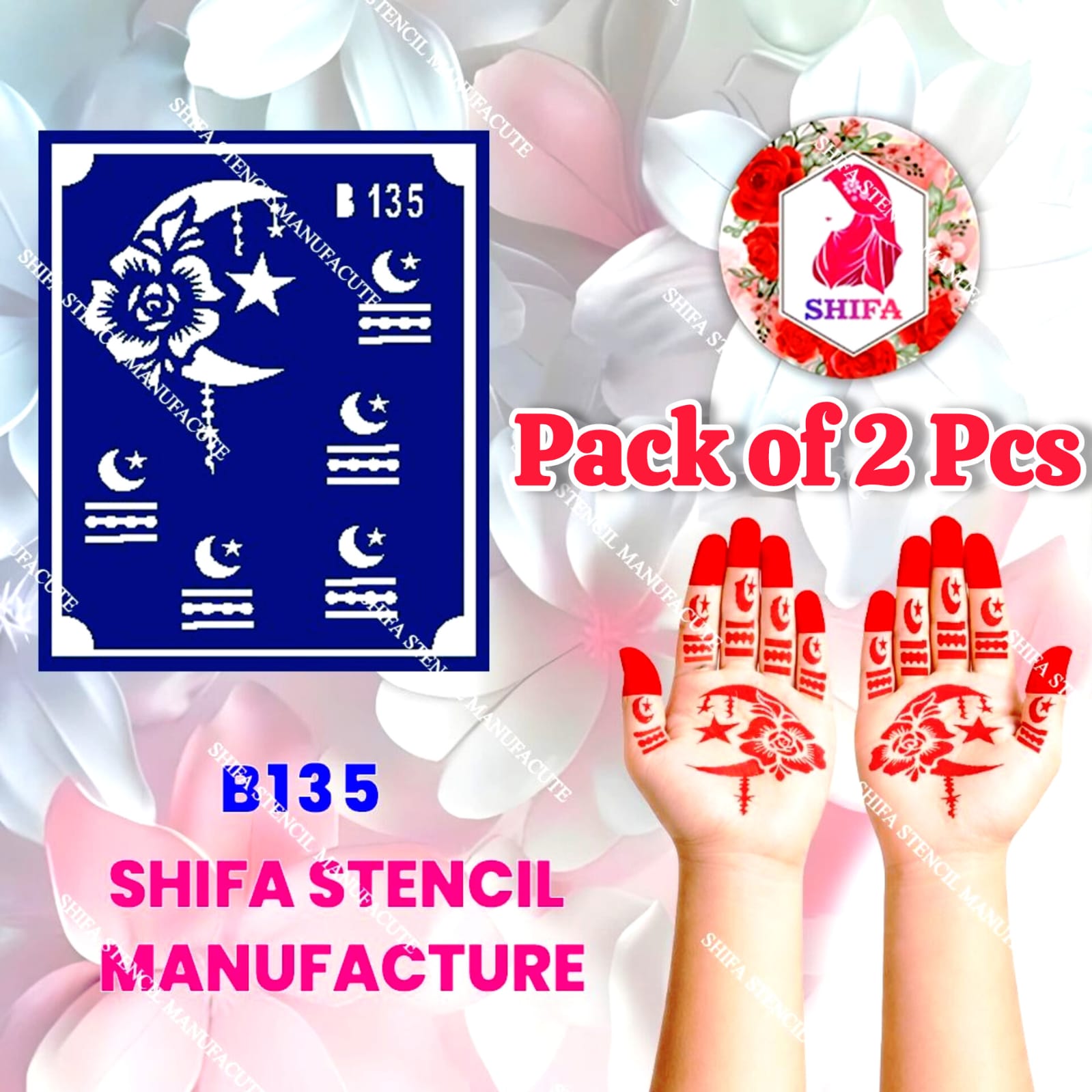 B135 (age 5 to 10) Celestial Rose Crescent Double Hand Henna Stencil - Shifa Stencil